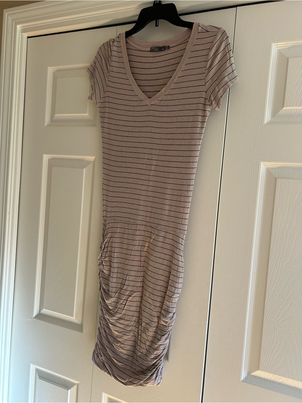 Prana Beige Striped V-Neck Ruched Midi Dress